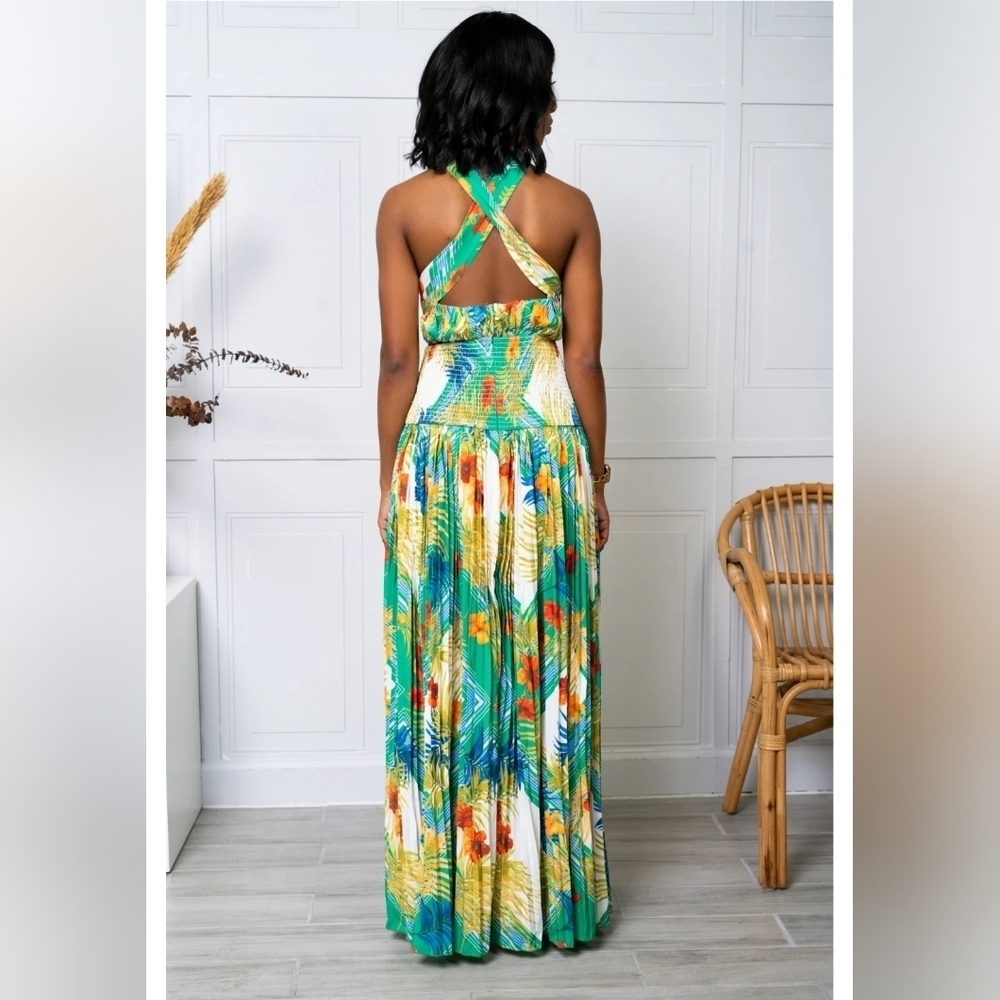 L'atiste Floral Multicolor Pleated Tie  Maxi Dress Size M - Picture 2 of 14
